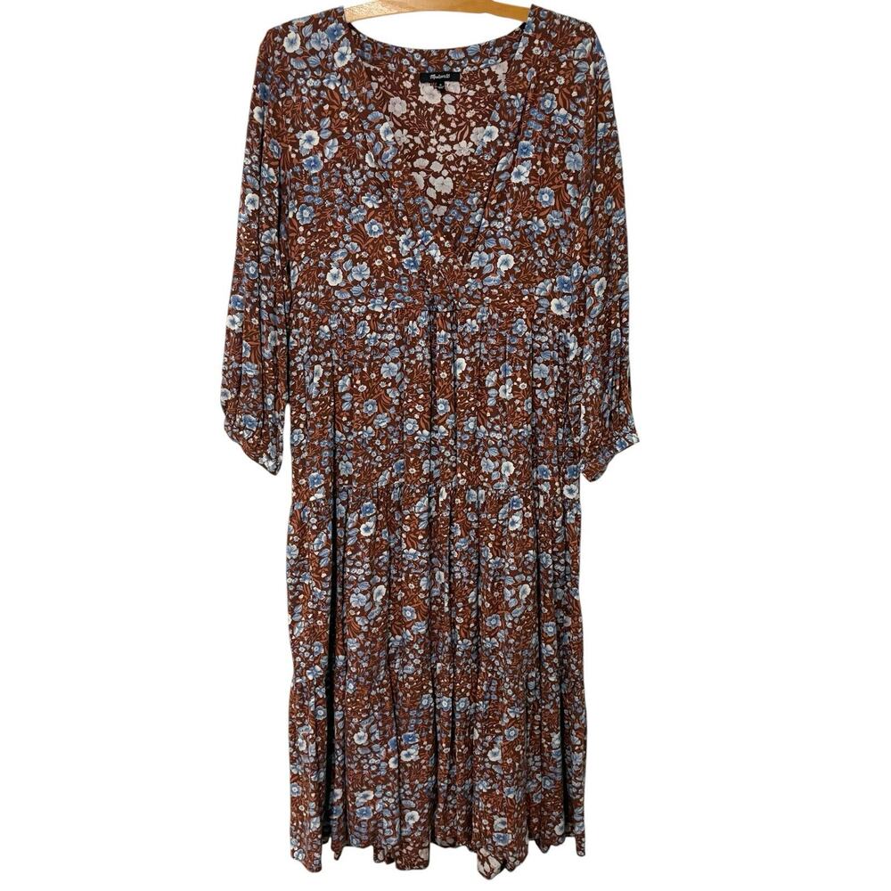 Madewell | Midi Dress Challis Wrap Woodland Floral Brown Boho Tiered Size Medium